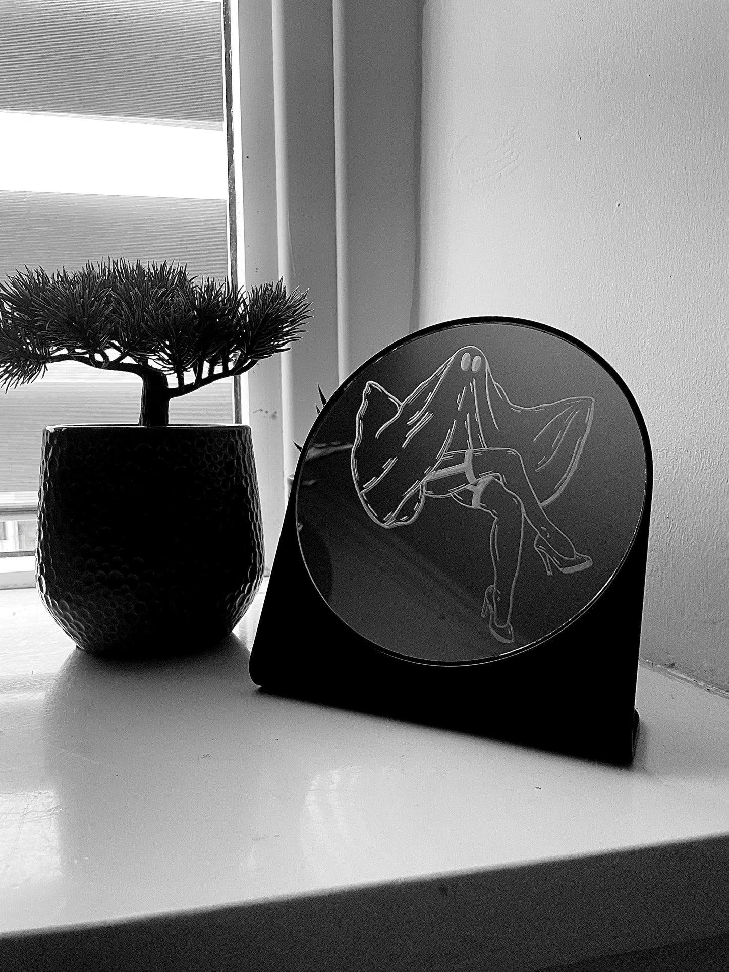 Hand Engraved Ghost Table Mirror: Spooky Halloween Decor