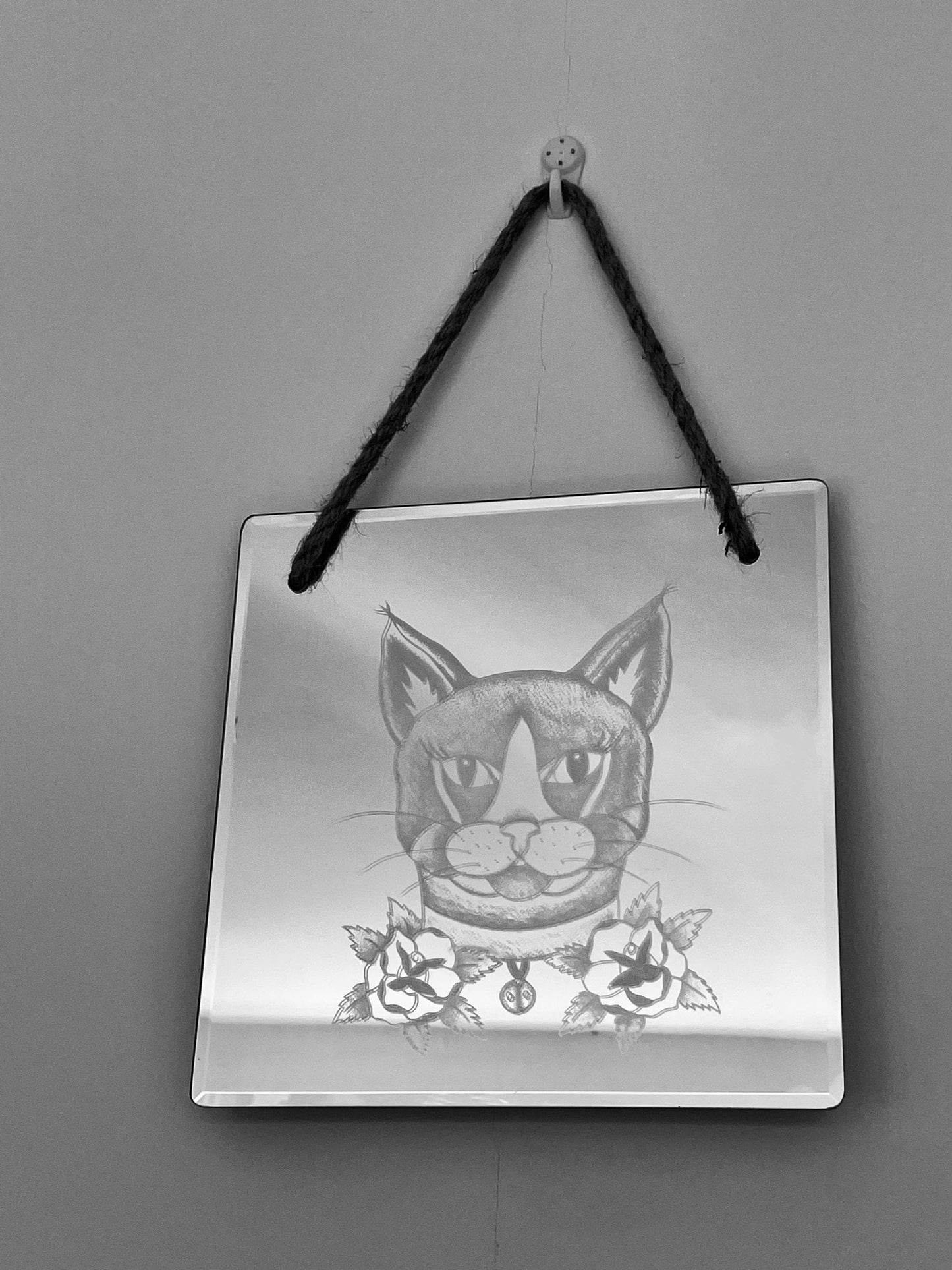 Hand Engraved Mirror |Traditional Tattoo Cat with Roses