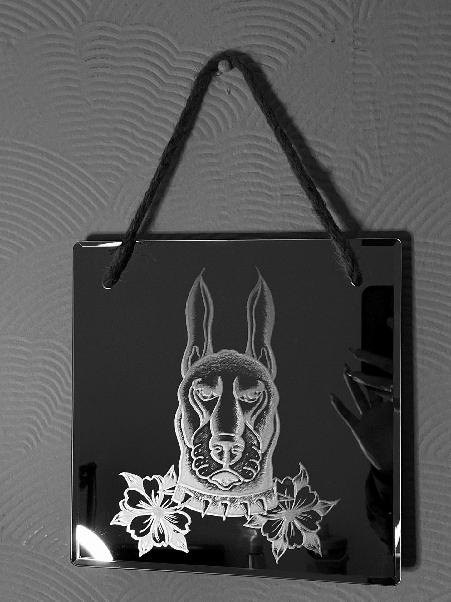 Hand Engraved Mirror |Traditional Tattoo Dog with Flowers