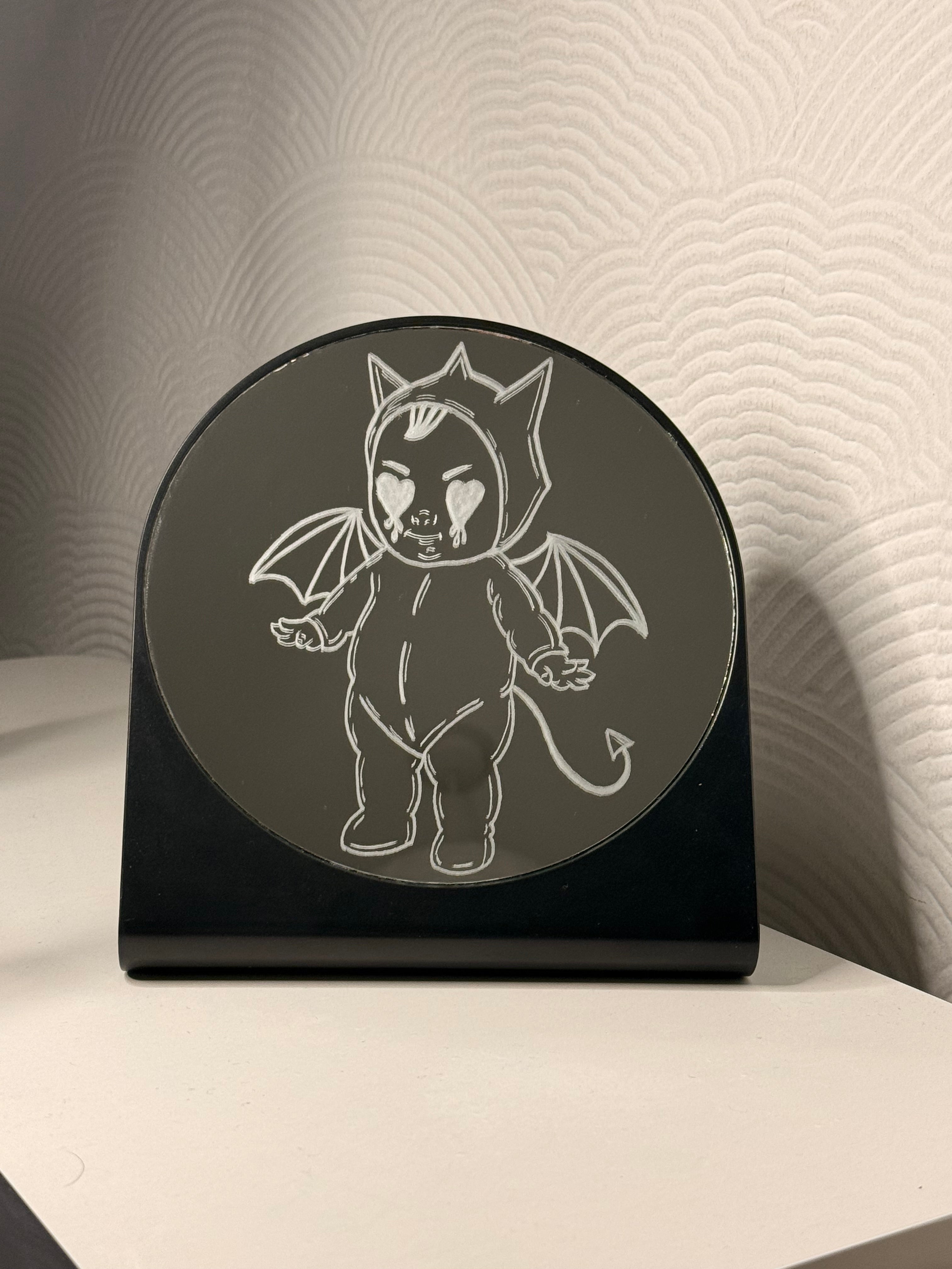 Hand Engraved Mirror – Voodoo Baby Devil  - Gothic Decor - Alternative Home Decor | Personalised Hand Engraved Home Decor Gift