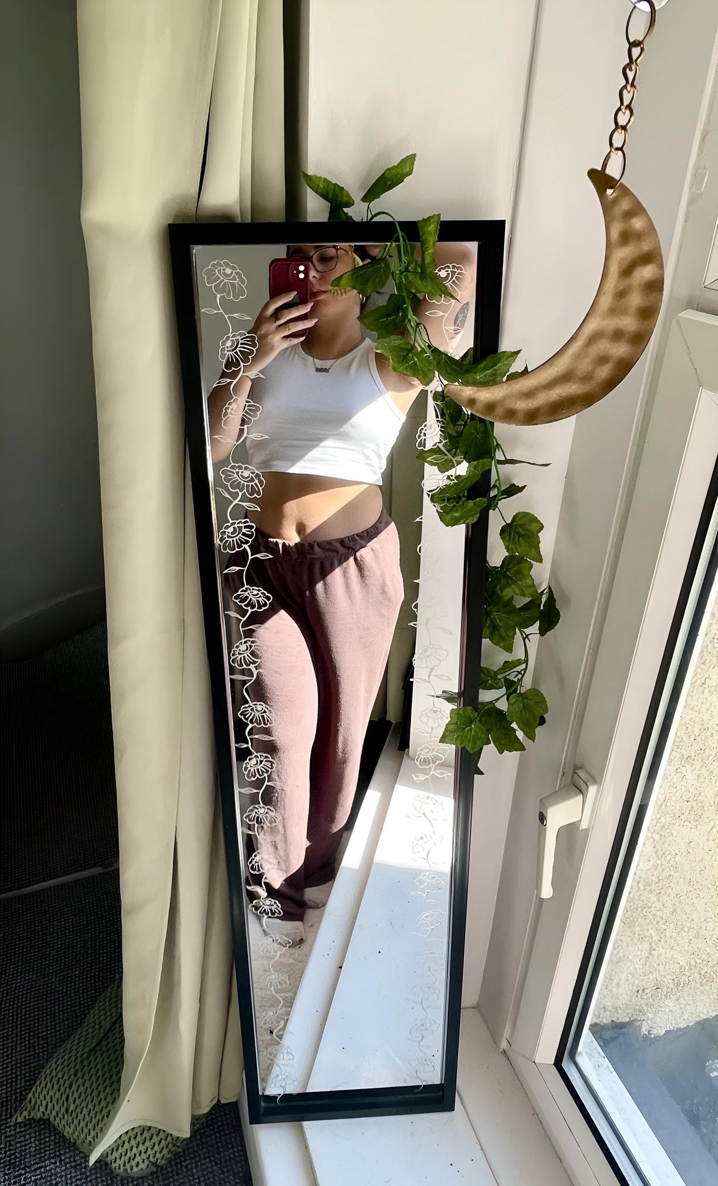 Custom Hand Engraved Floral Full Length Mirror