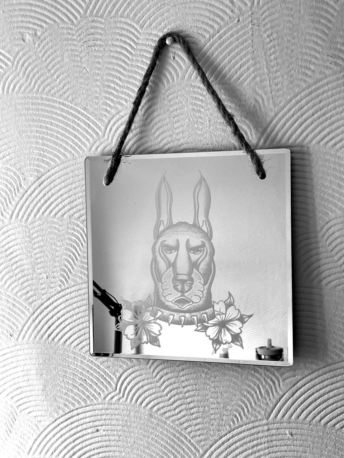 Hand Engraved Mirror |Traditional Tattoo Dog with Flowers