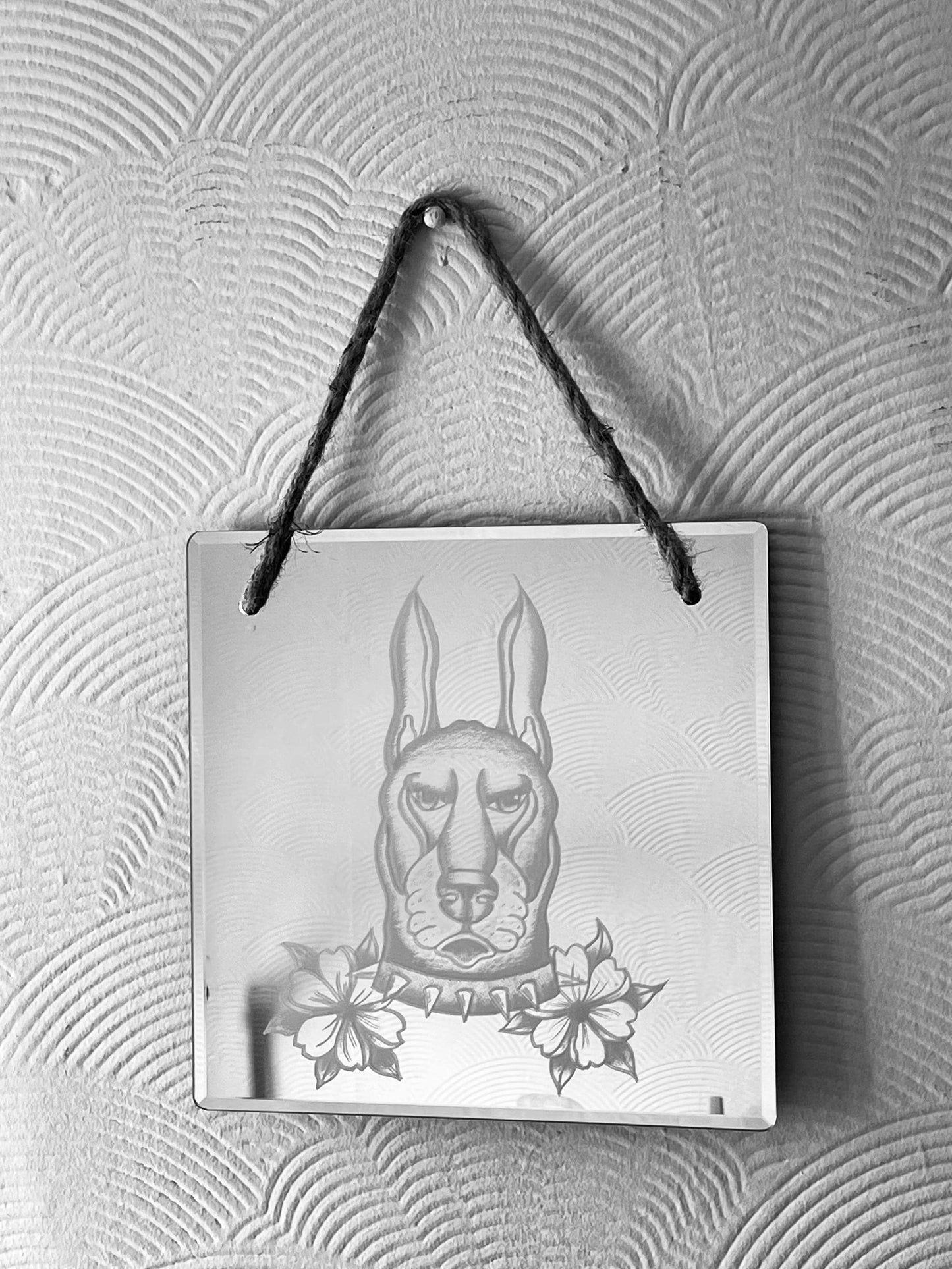 Hand Engraved Mirror |Traditional Tattoo Dog with Flowers