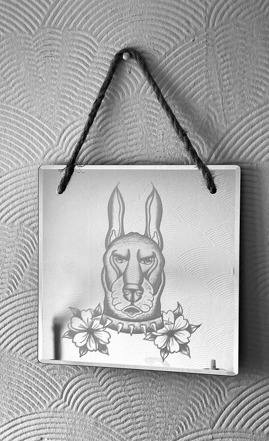 Hand Engraved Mirror |Traditional Tattoo Dog with Flowers