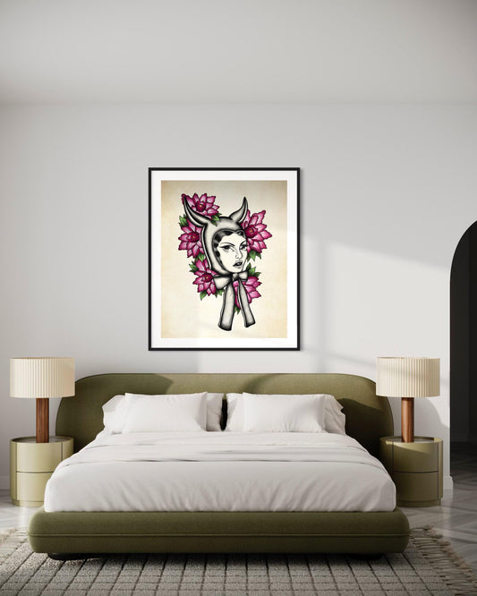 Neo Traditional Tattoo Poster – Devil Pinup with Peonies Print (Digital Print)