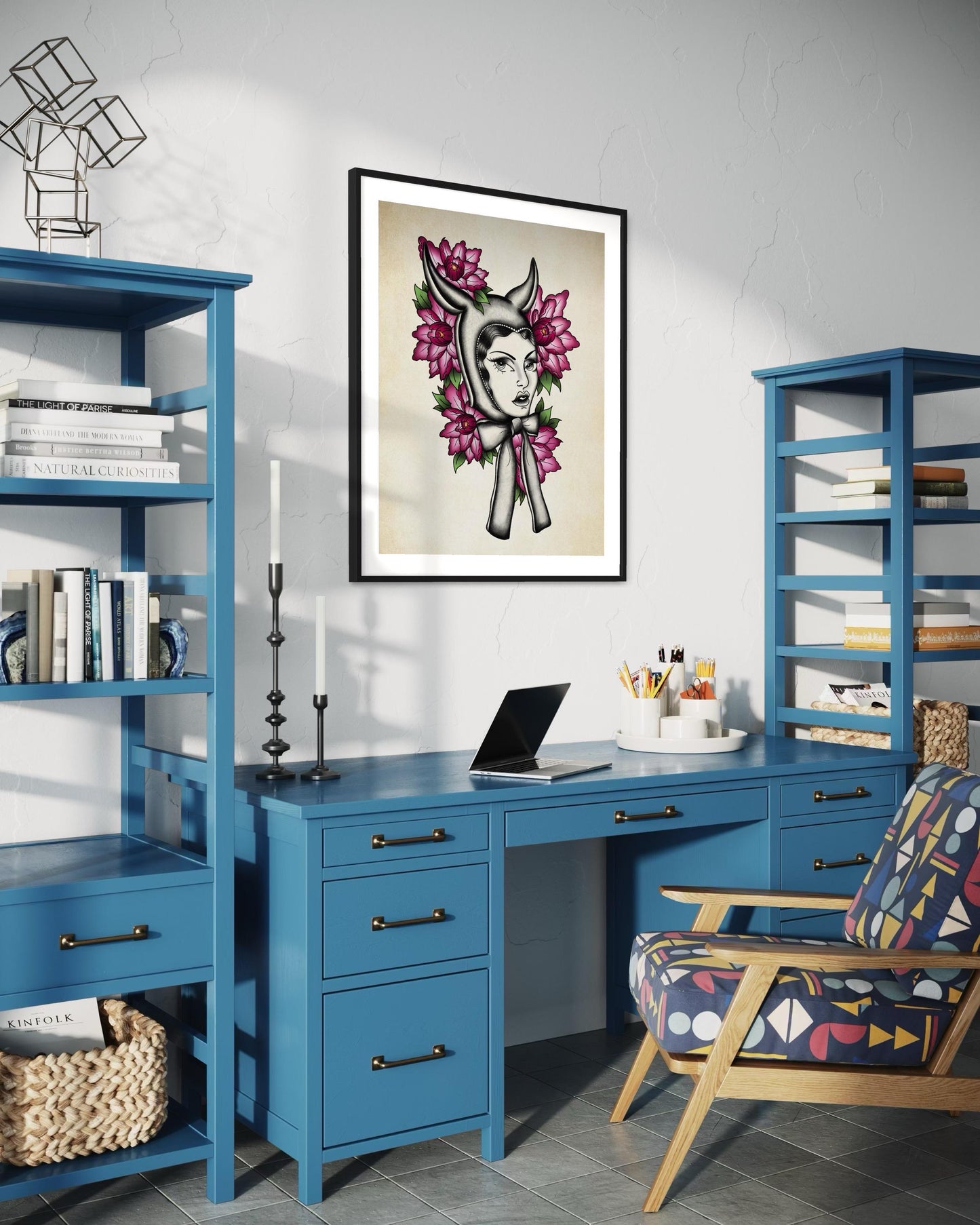 Neo Traditional Tattoo Poster – Devil Pinup with Peonies Print (Digital Print)