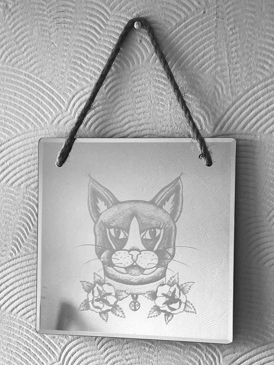 Hand Engraved Mirror |Traditional Tattoo Cat with Roses