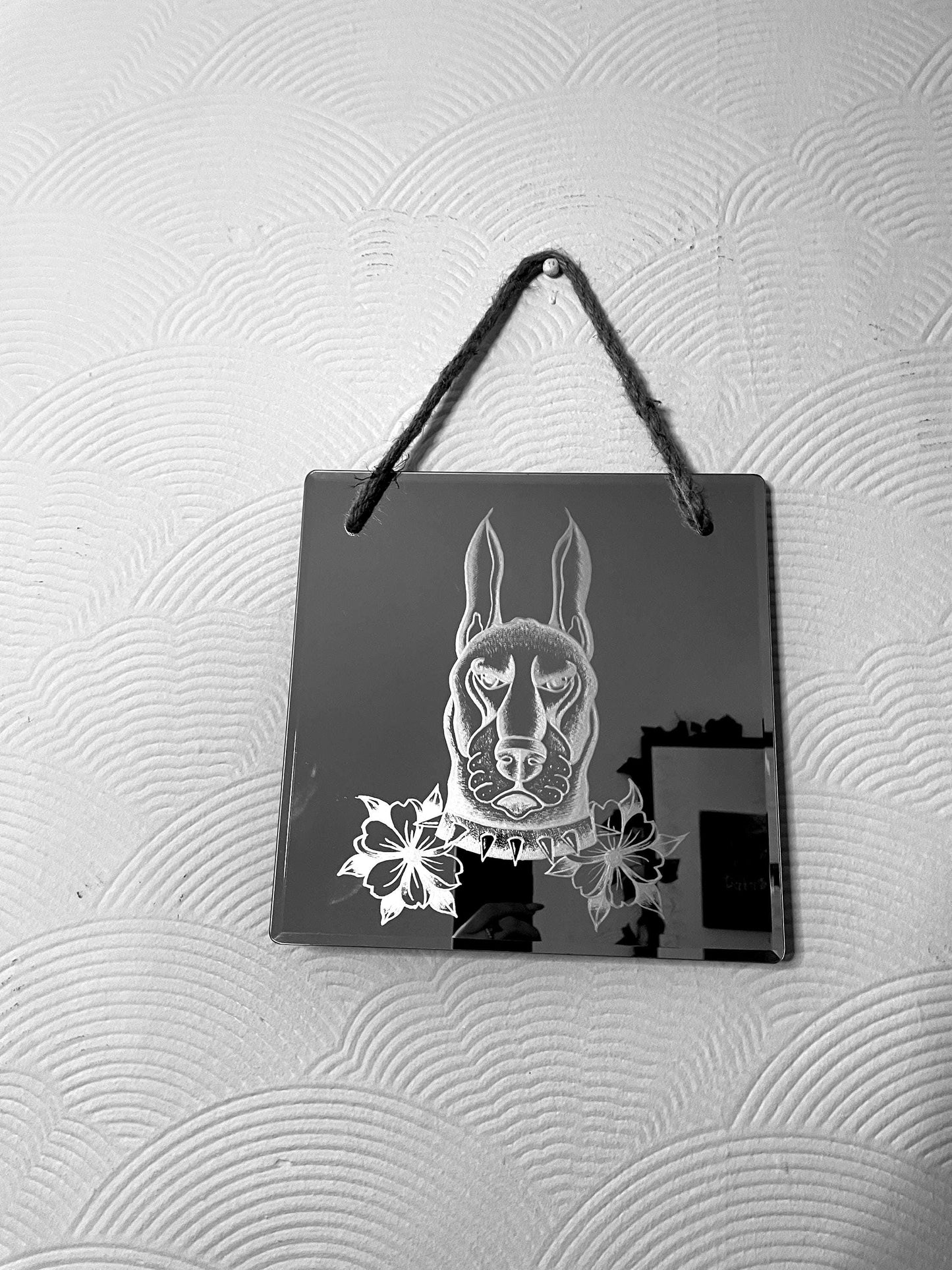 Hand Engraved Mirror |Traditional Tattoo Dog with Flowers