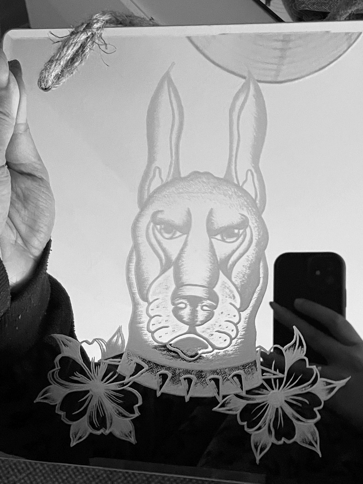 Hand Engraved Mirror |Traditional Tattoo Dog with Flowers