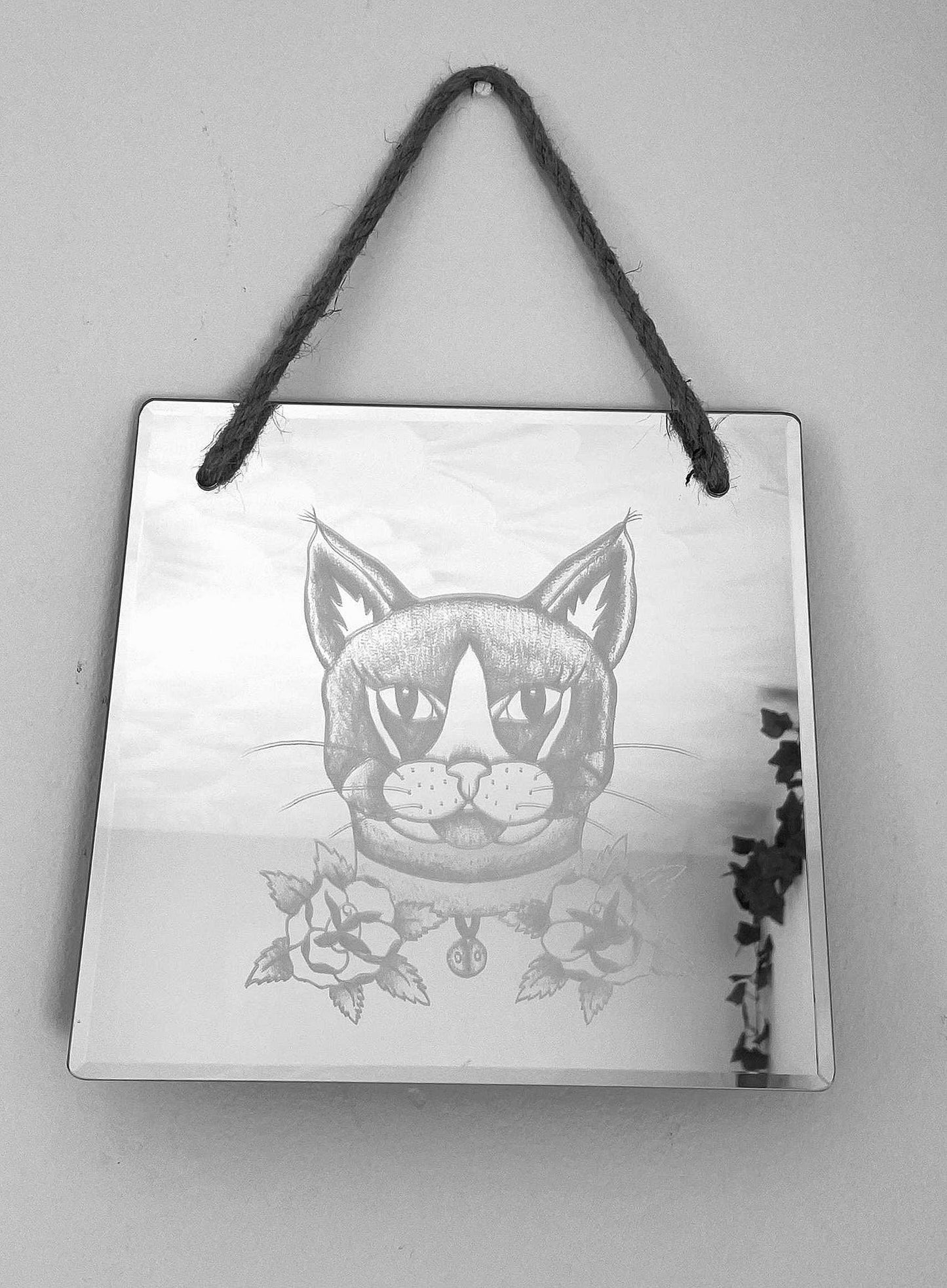 Hand Engraved Mirror |Traditional Tattoo Cat with Roses