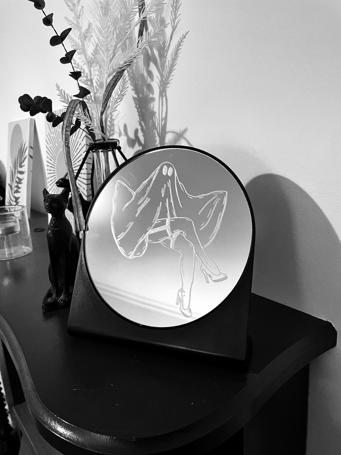 Hand Engraved Ghost Table Mirror: Spooky Halloween Decor
