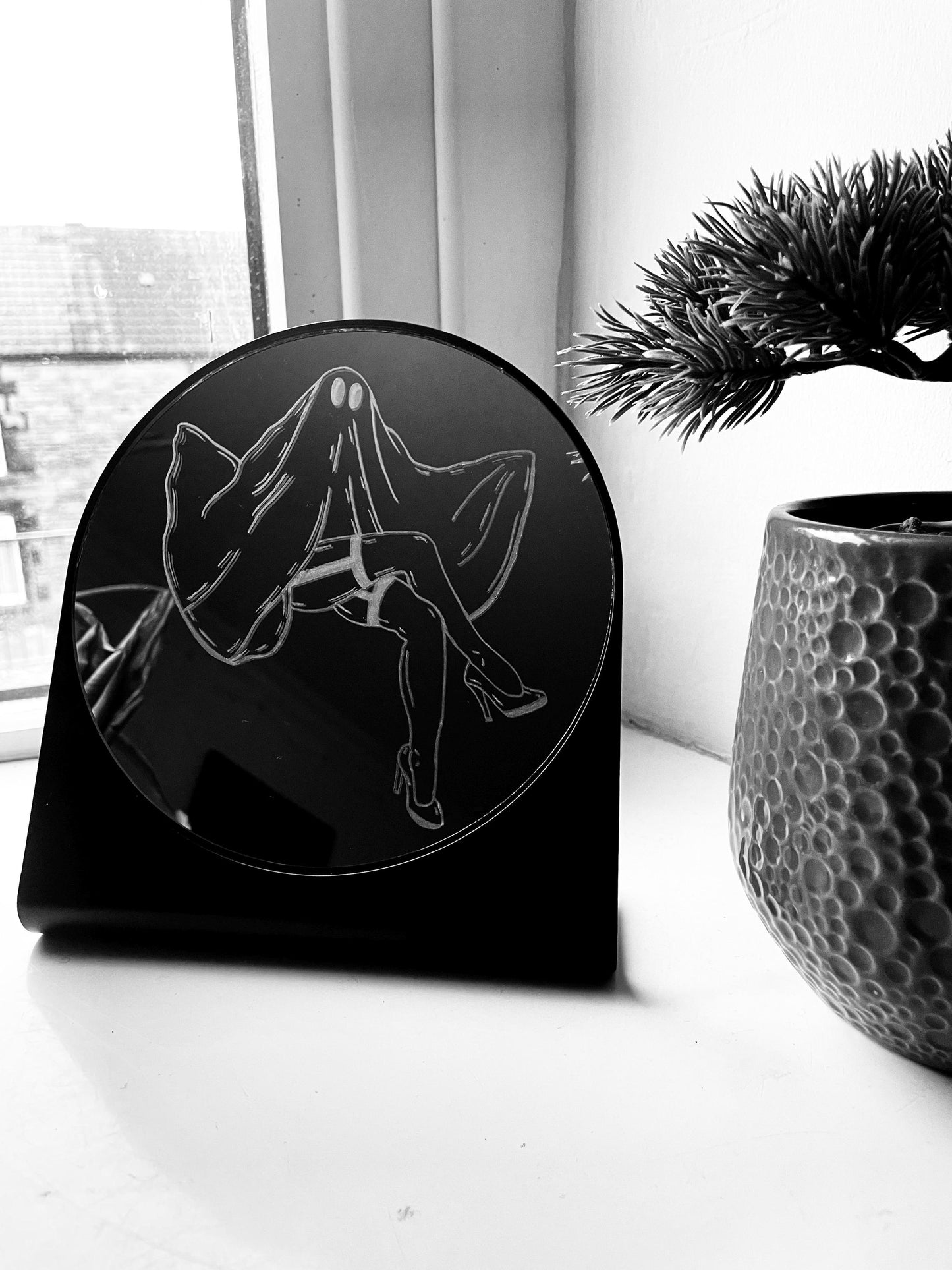 Hand Engraved Ghost Table Mirror: Spooky Halloween Decor