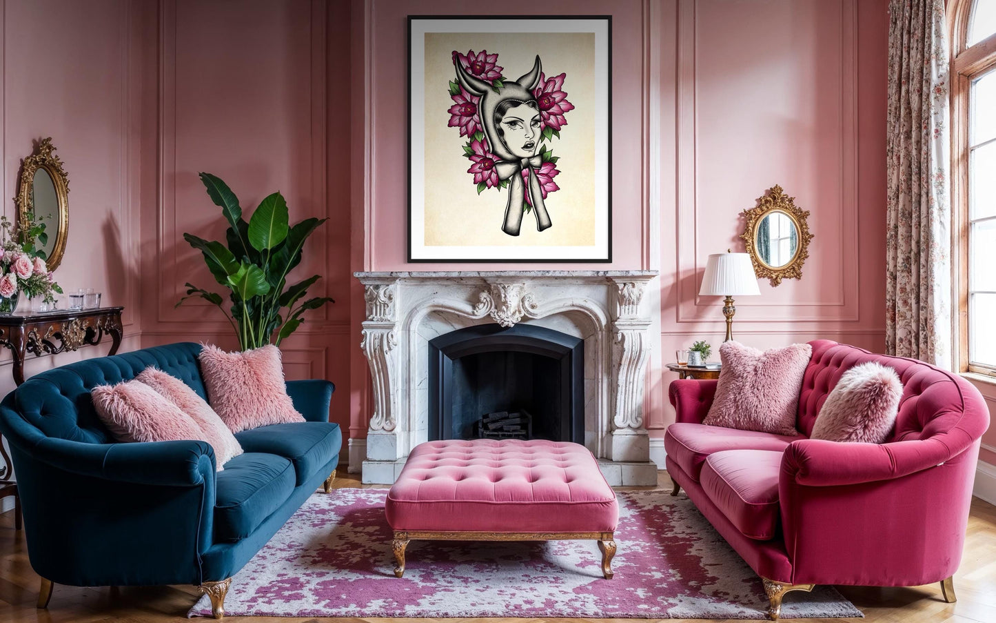 Neo Traditional Tattoo Poster – Devil Pinup with Peonies Print (Digital Print)