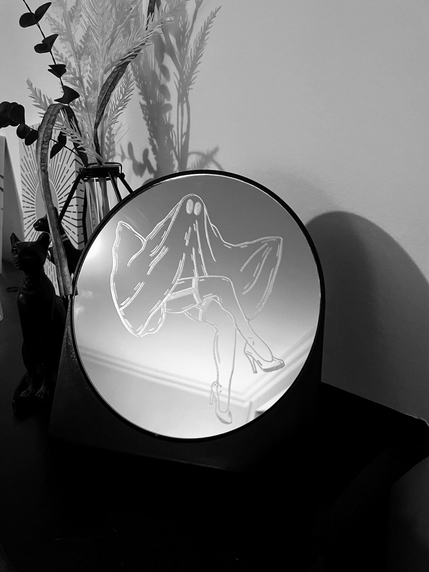 Hand Engraved Ghost Table Mirror: Spooky Halloween Decor