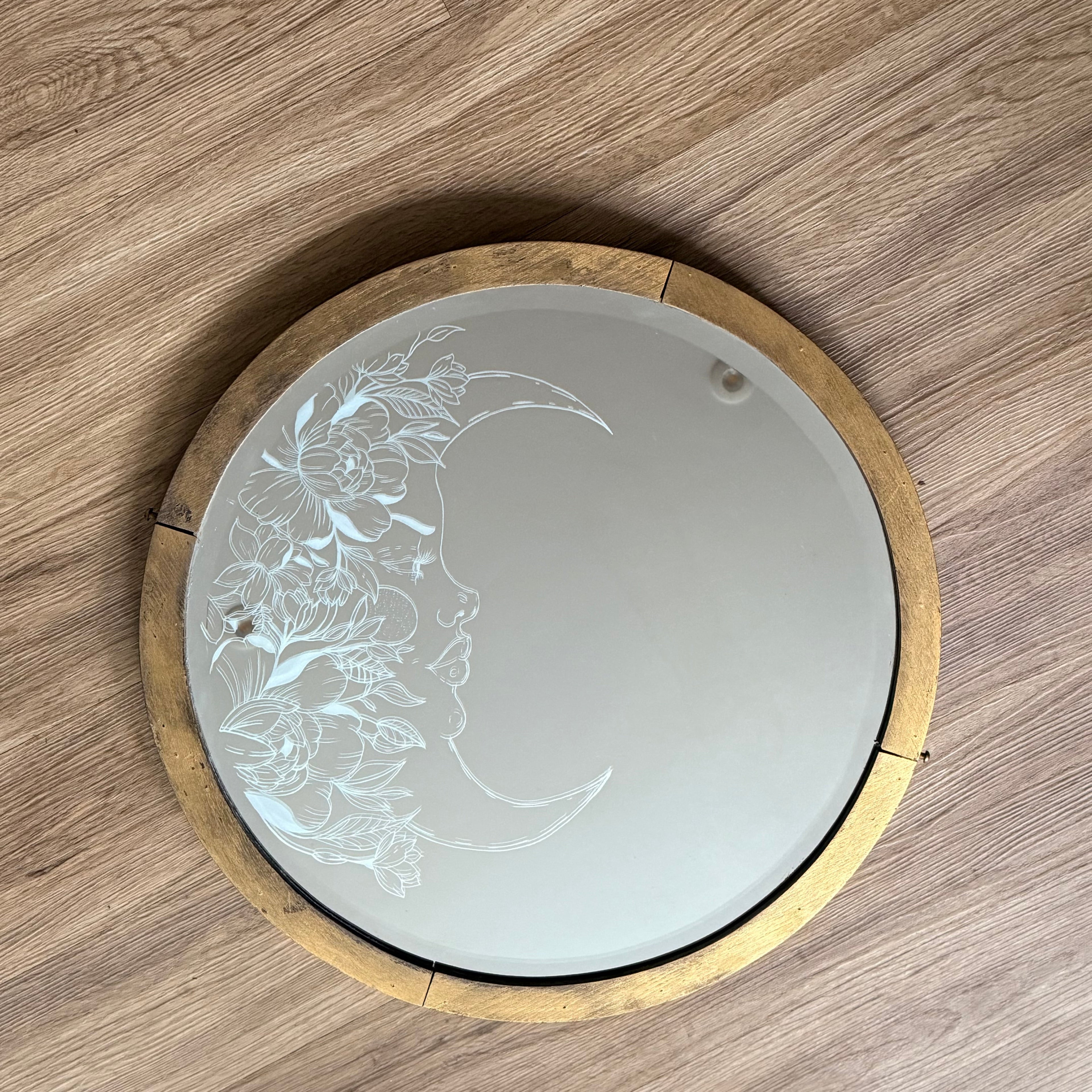 Large Vintage Gold Mirror | Hand engraved | Moon with Flowers | Rustic Wooden Frame | Home Decor | Personalised Hand Engraved Home Decor Gift