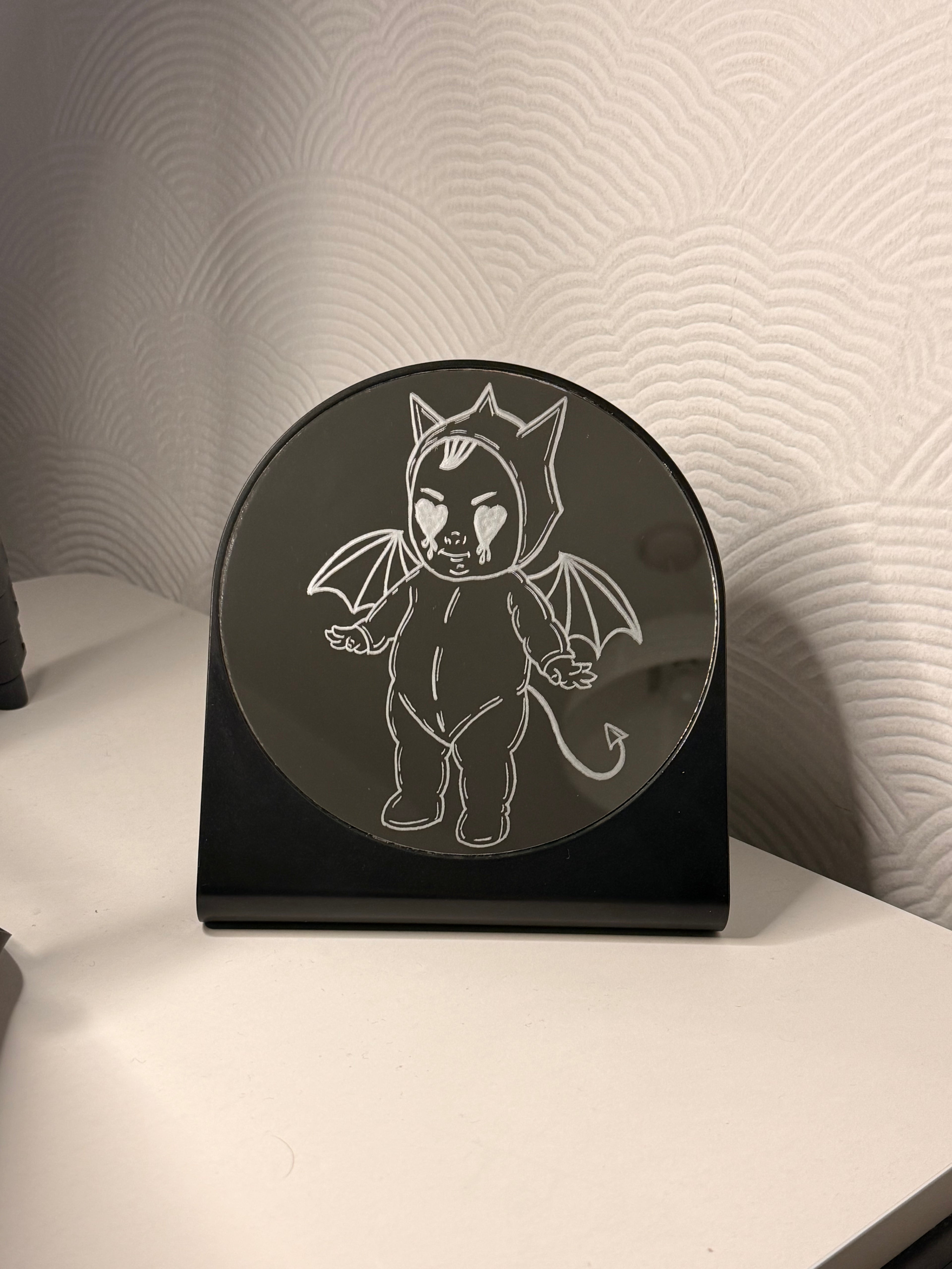 Hand Engraved Mirror – Voodoo Baby Devil  - Gothic Decor - Alternative Home Decor | Personalised Hand Engraved Home Decor Gift
