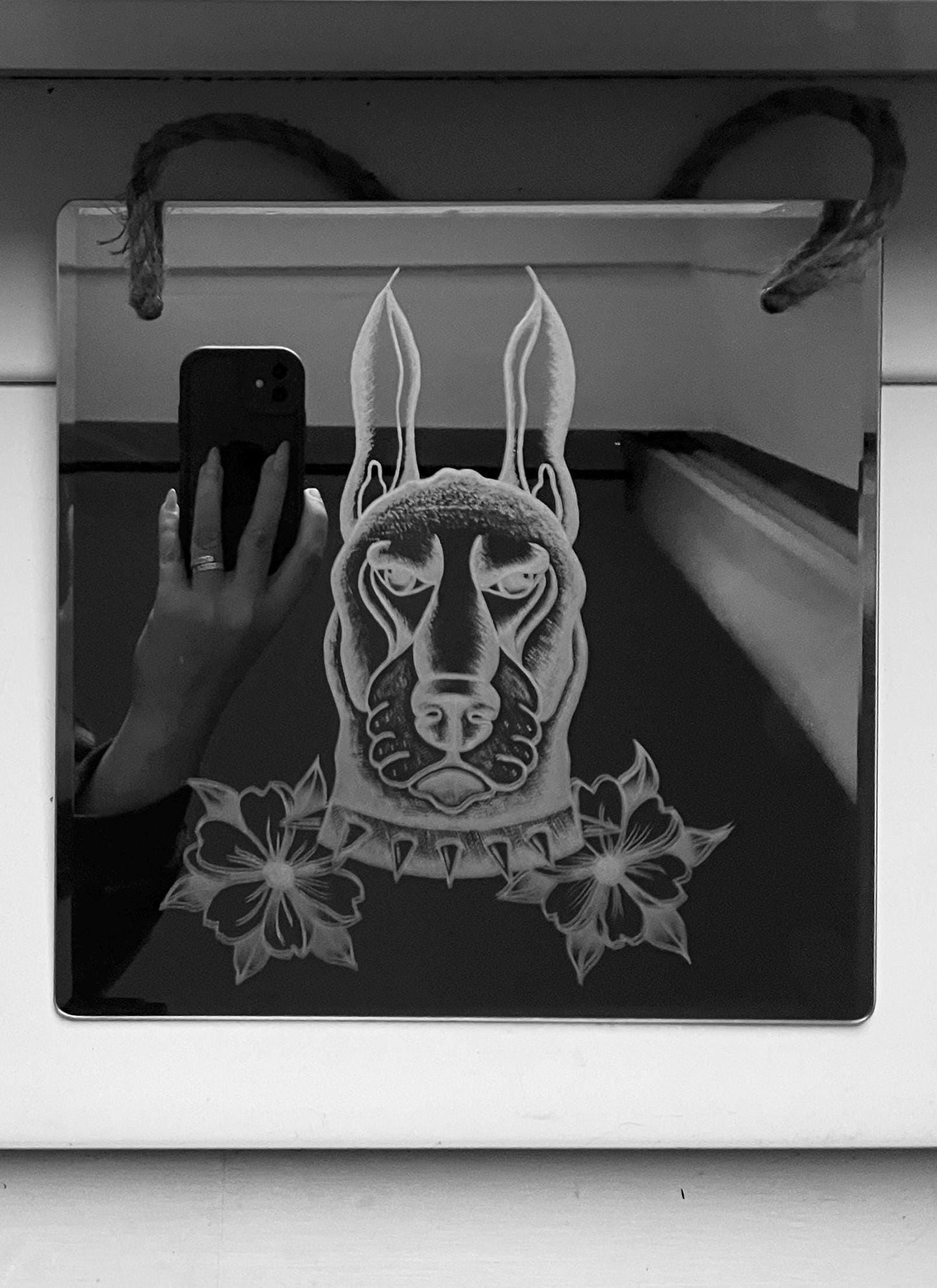 Hand Engraved Mirror |Traditional Tattoo Dog with Flowers