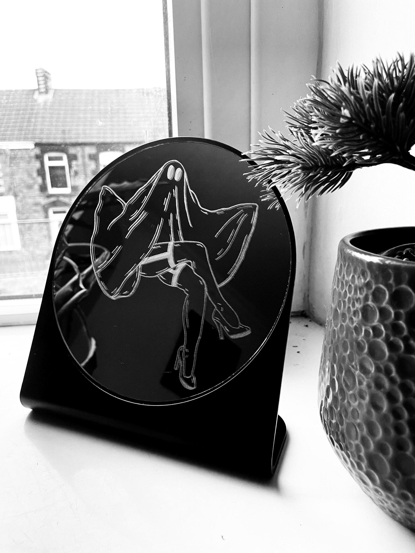 Hand Engraved Ghost Table Mirror: Spooky Halloween Decor