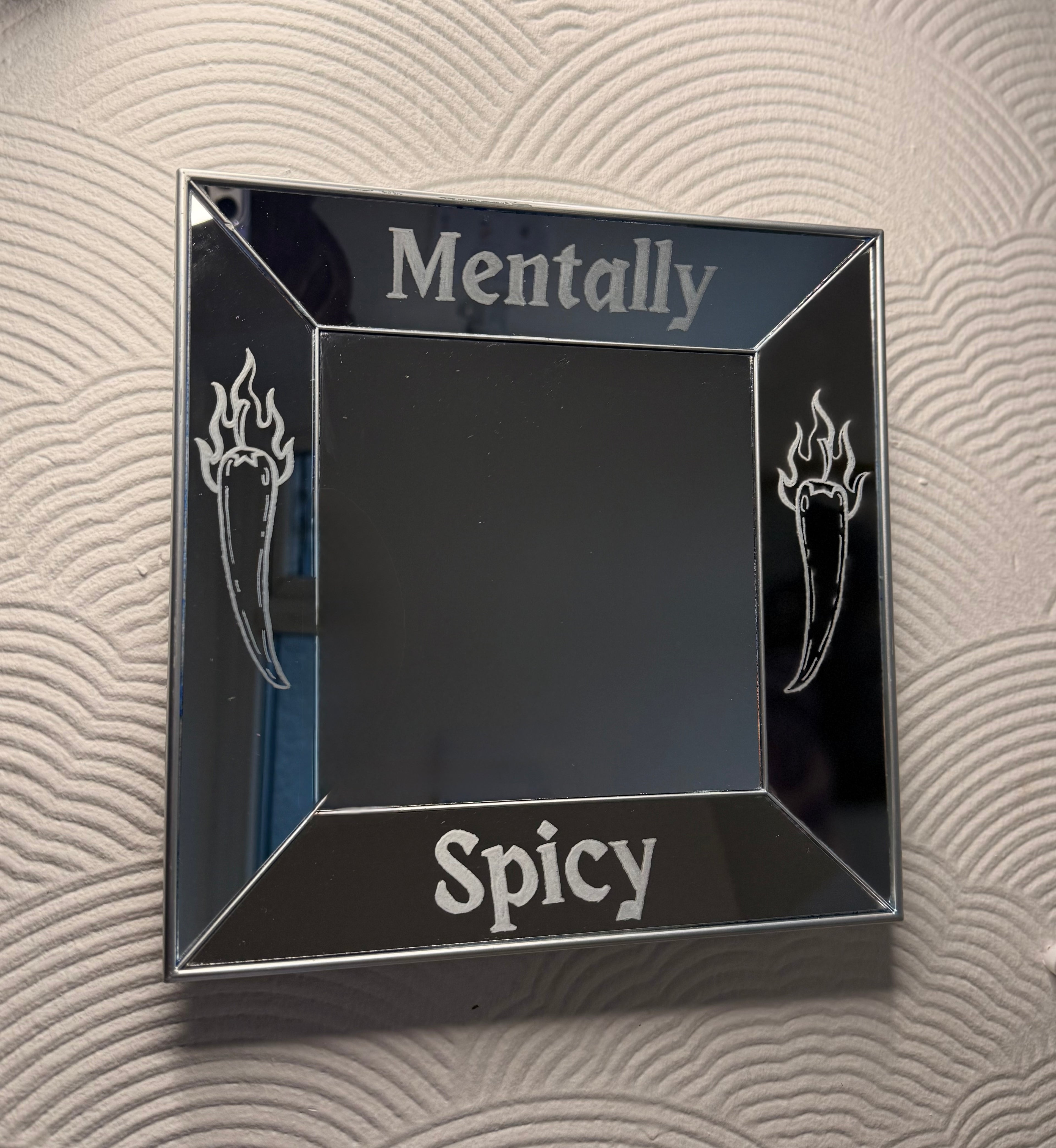 Mentally Spicy Hand-Engraved Mirror | ADHD Humor Decor | Funny Chili Pepper Mirror | Neurodivergent Wall Art