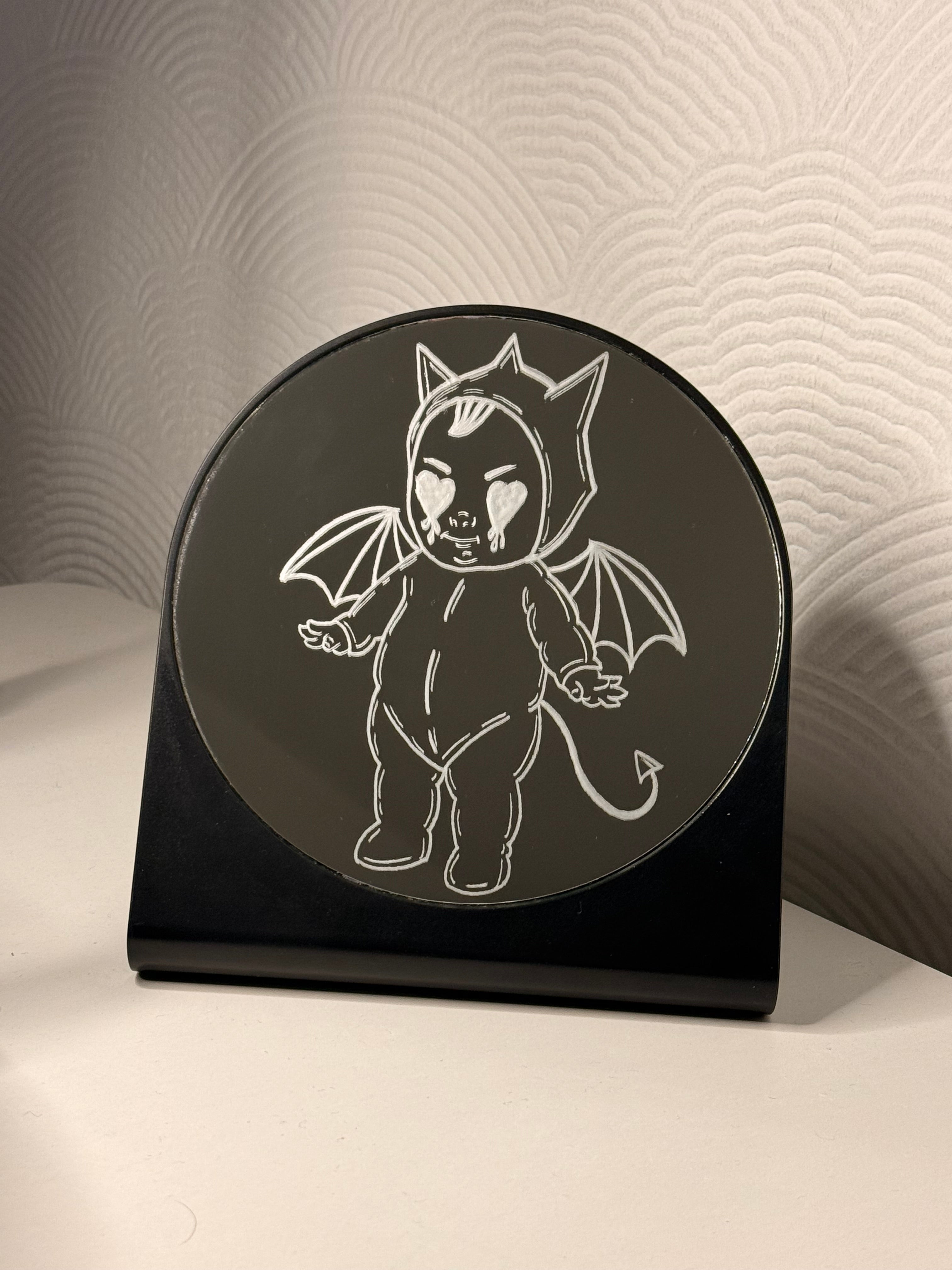 Hand Engraved Mirror – Voodoo Baby Devil  - Gothic Decor - Alternative Home Decor | Personalised Hand Engraved Home Decor Gift