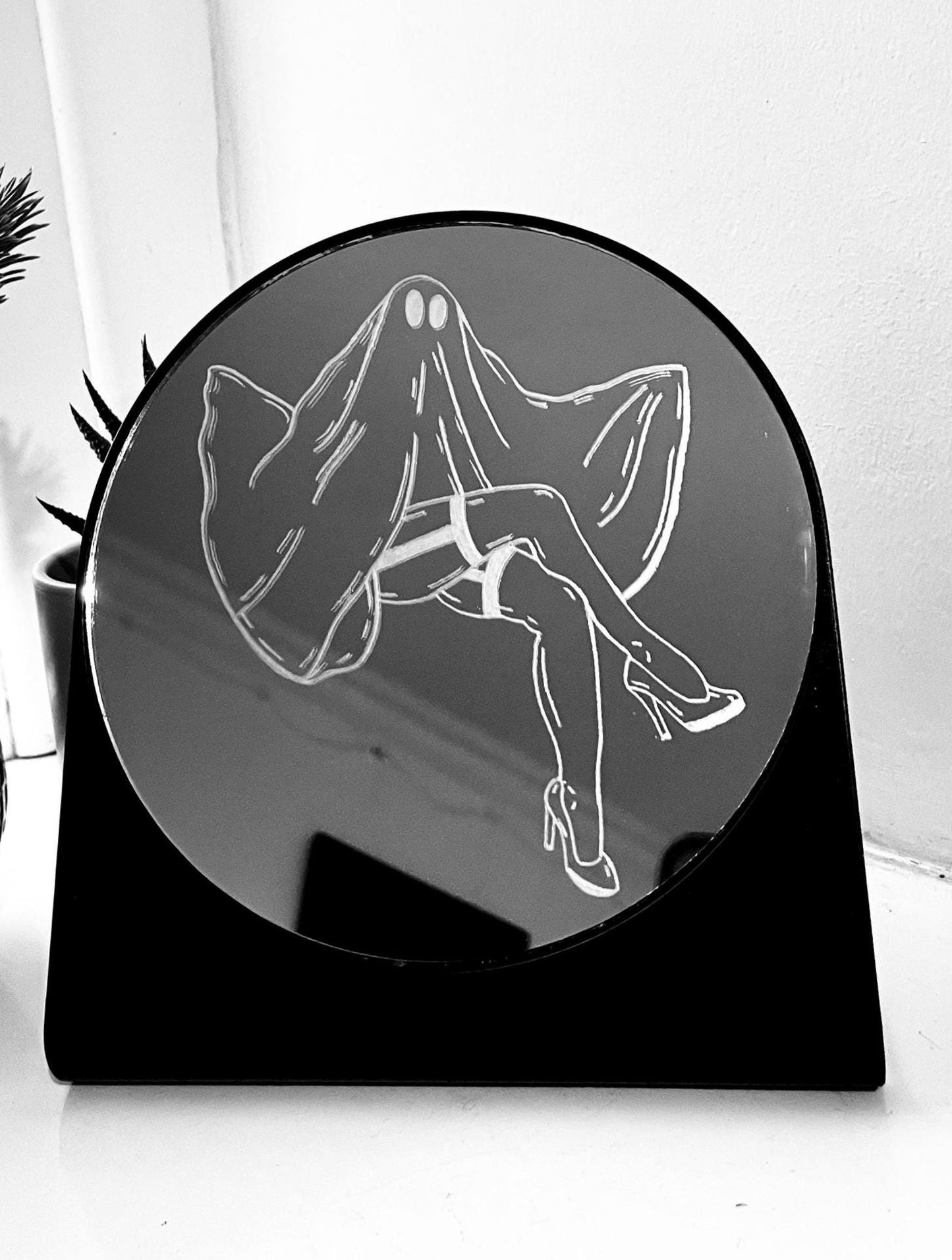 Hand Engraved Ghost Table Mirror: Spooky Halloween Decor