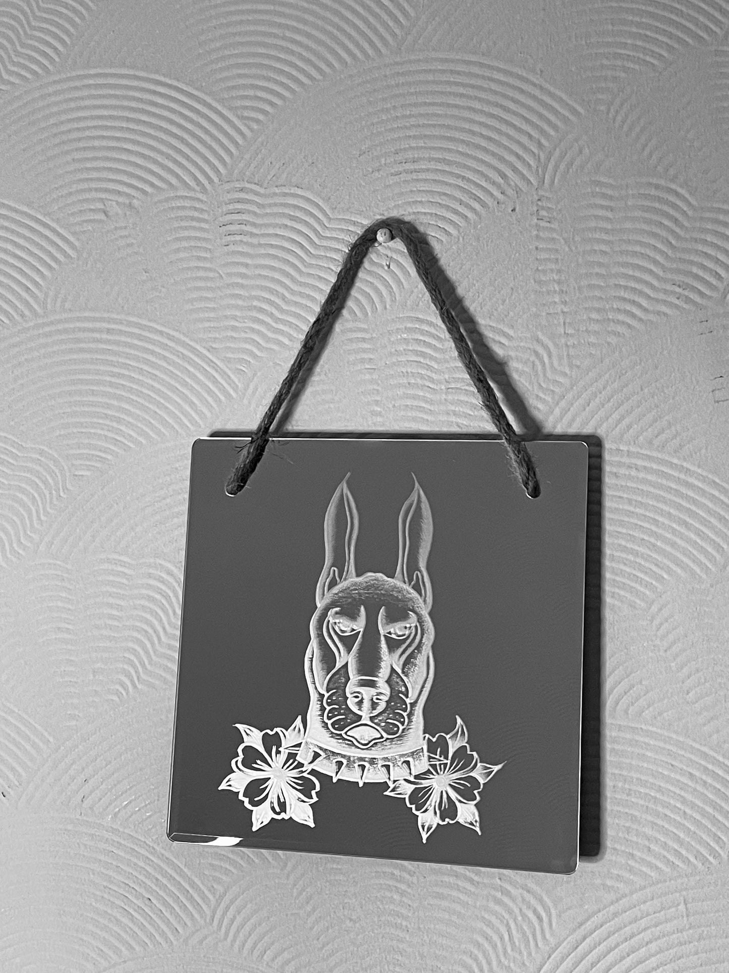 Hand Engraved Mirror |Traditional Tattoo Dog with Flowers