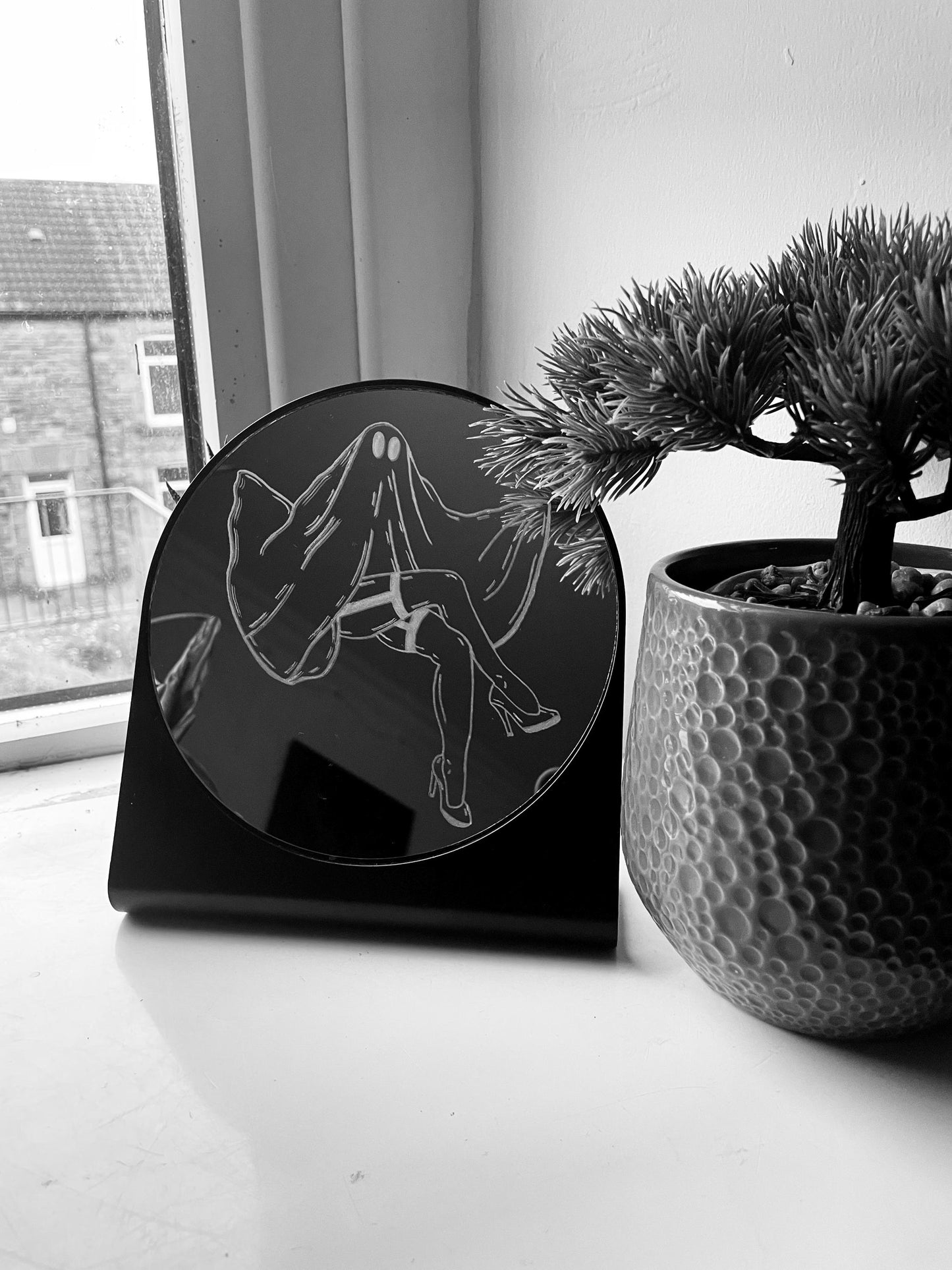 Hand Engraved Ghost Table Mirror: Spooky Halloween Decor