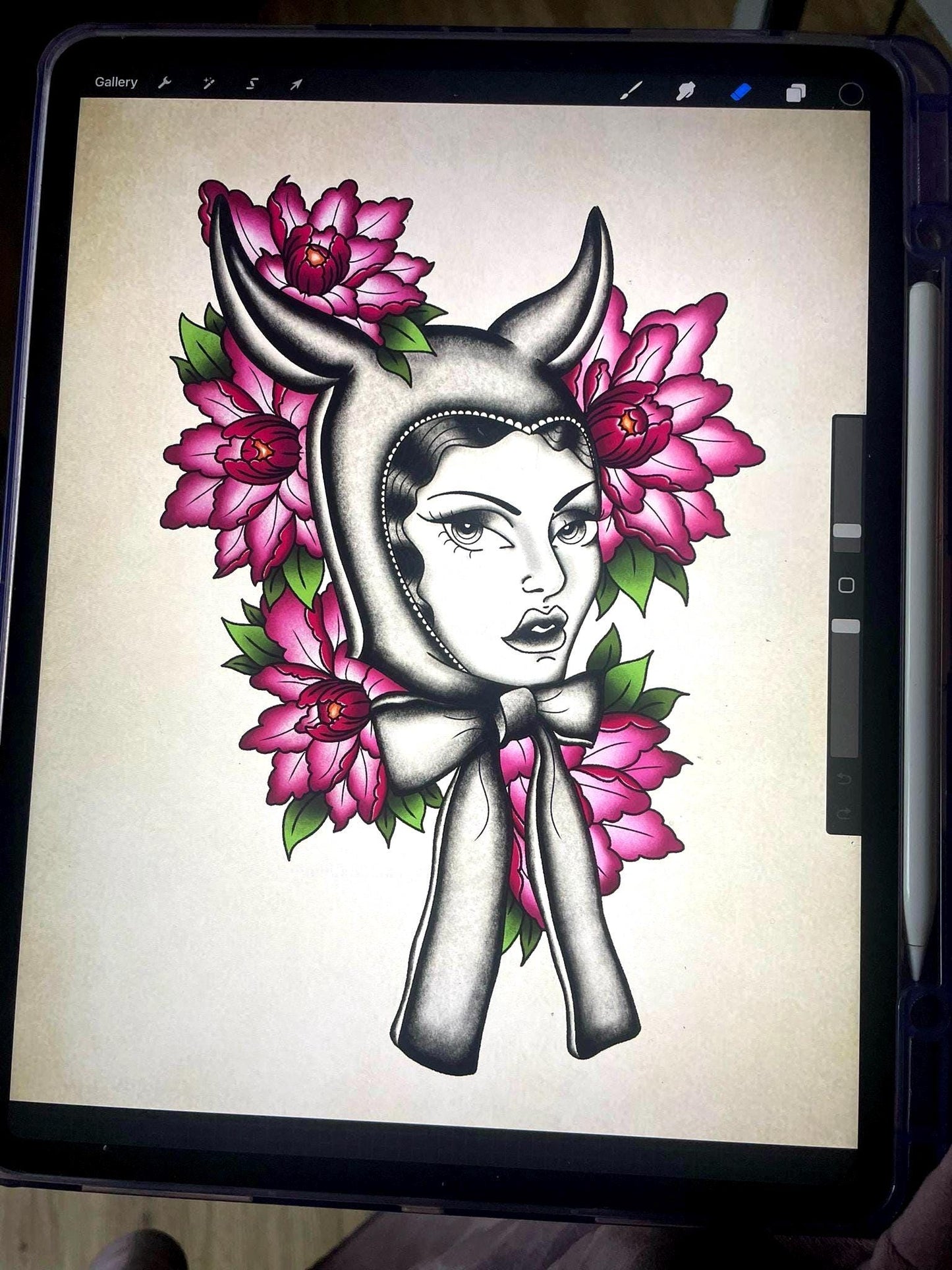 Neo Traditional Tattoo Poster – Devil Pinup with Peonies Print (Digital Print)