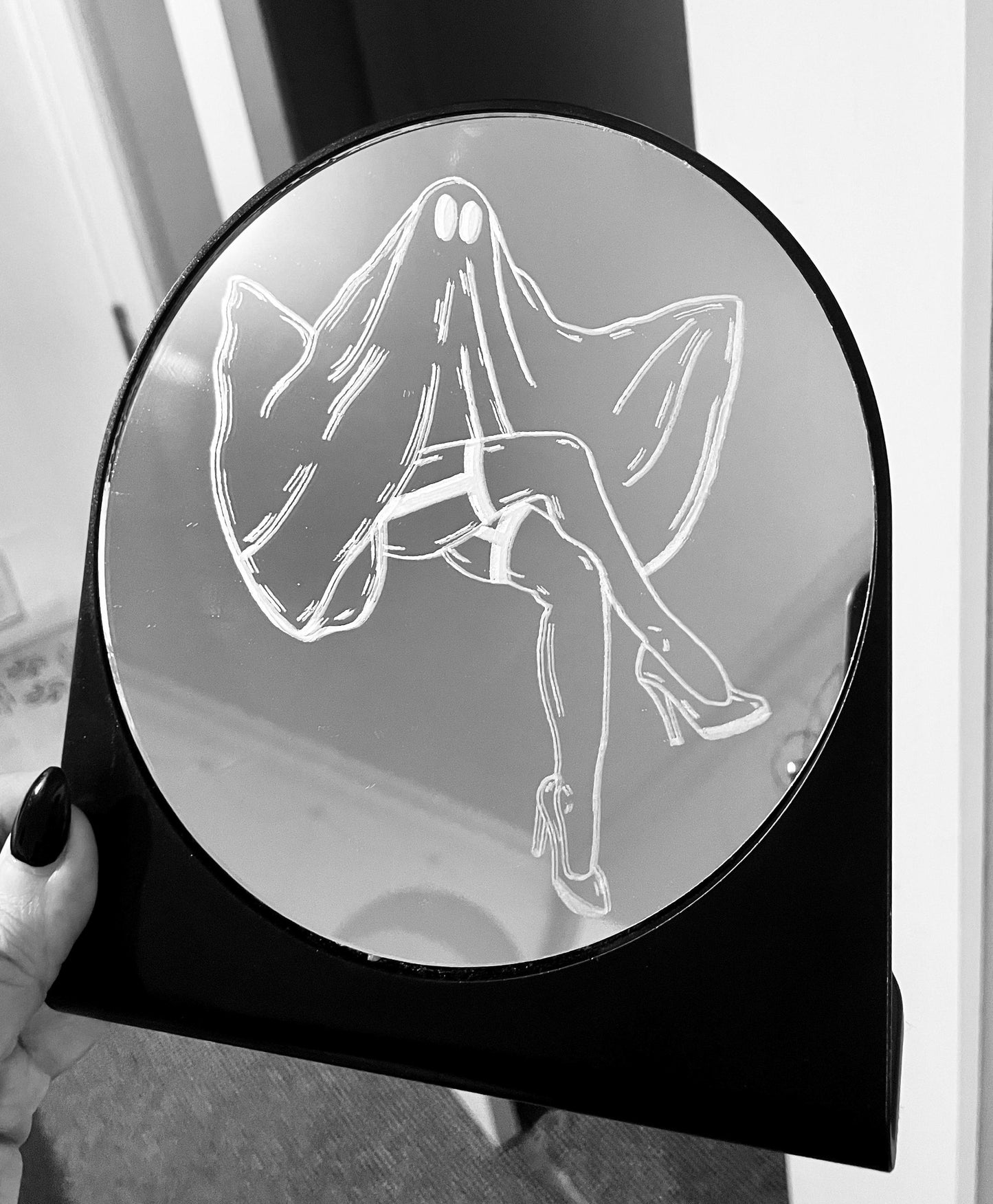 Hand Engraved Ghost Table Mirror: Spooky Halloween Decor