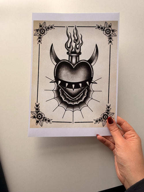 Gothic Sacred Heart Poster - Tattoo Flash Print - A4 Unframed | Personalised Hand Engraved Home Decor Gift