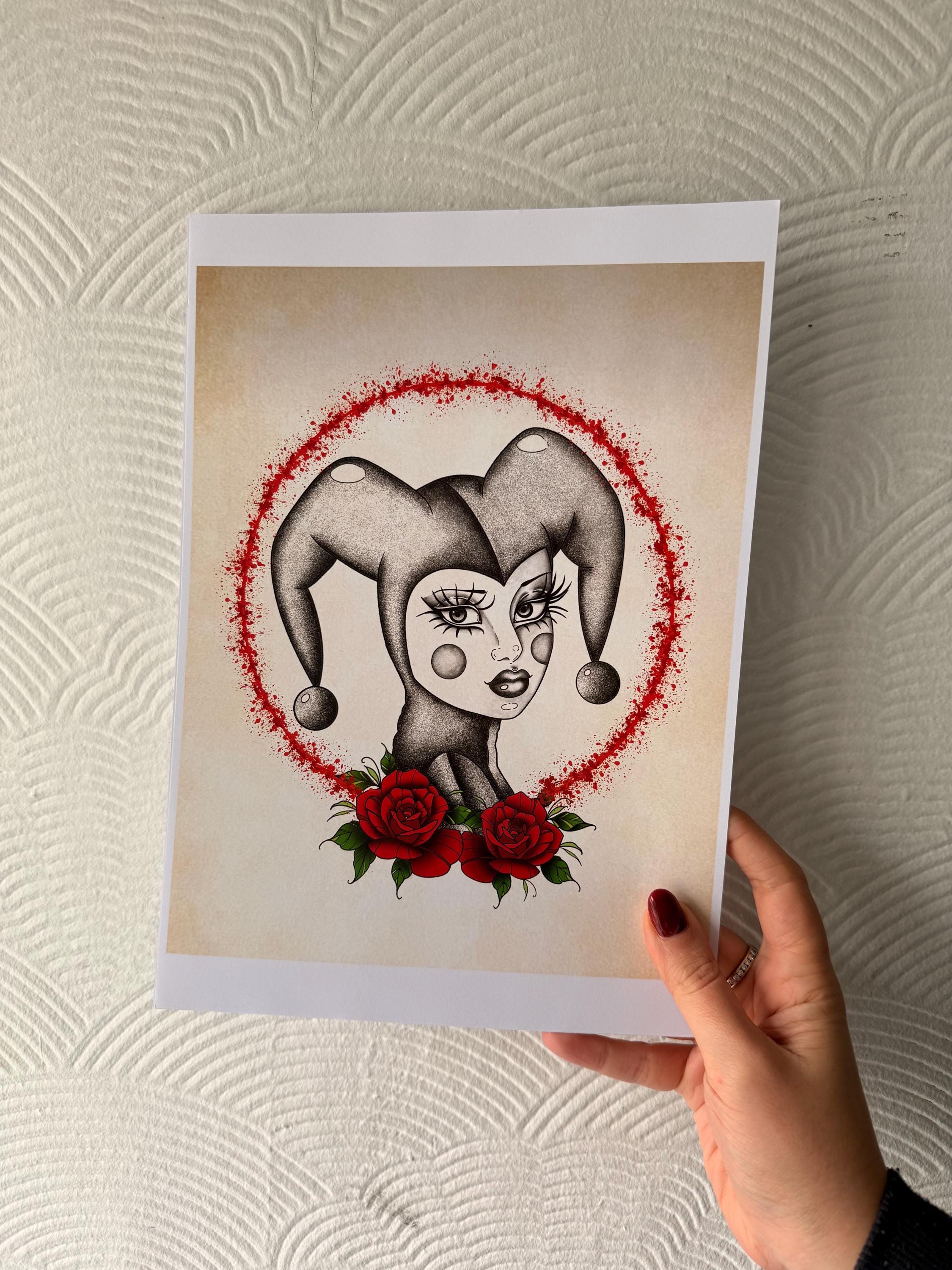 Neo Traditional Tattoo Poster – The Joker Print - A4 Unframed | Personalised Hand Engraved Home Decor Gift